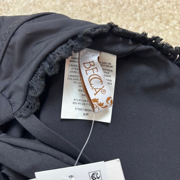 BECCA by Rebecca Virtue Frills Plunge Black Lace Trim V Neck One Piece Sz S NWT - Picture 6 of 9